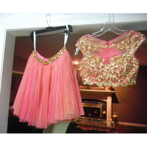 SHERRI HILL 45112 SZ 2 CORAL GOLD 2 PC SKIRT CROP COCKTAIL HOMECOMEING DRESS - Picture 3 of 13